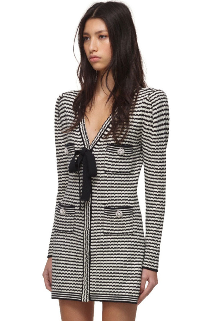 Upscale Long Sleeve Bow V Neck Winter Sweater Mini Dress - Stripe