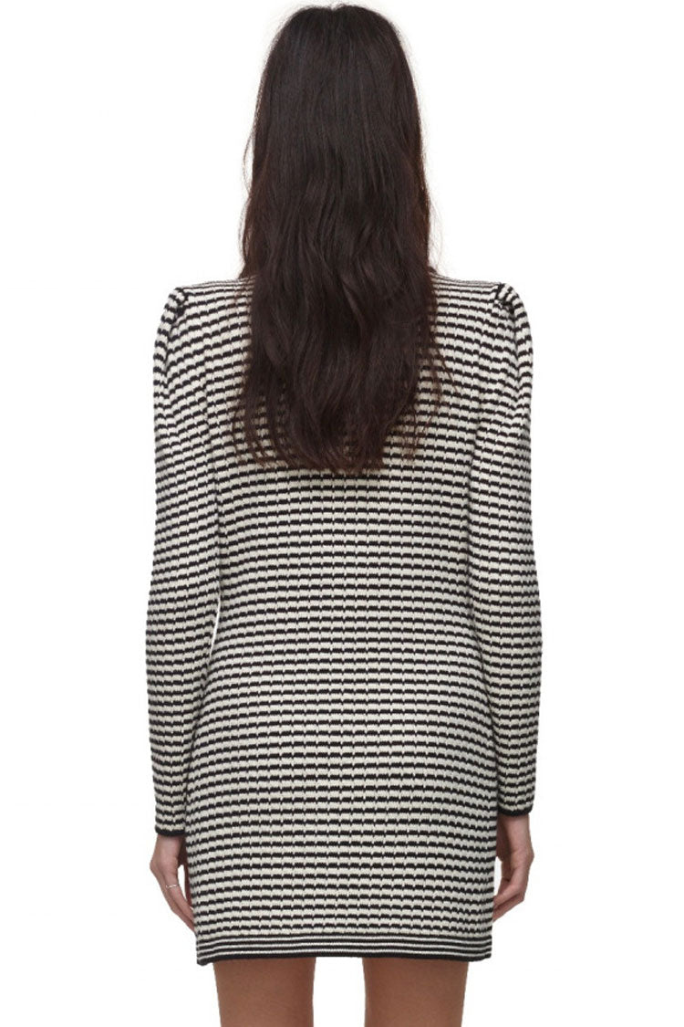 Upscale Long Sleeve Bow V Neck Winter Sweater Mini Dress - Stripe
