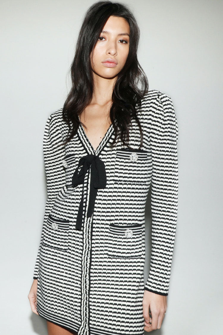 Upscale Long Sleeve Bow V Neck Winter Sweater Mini Dress - Stripe