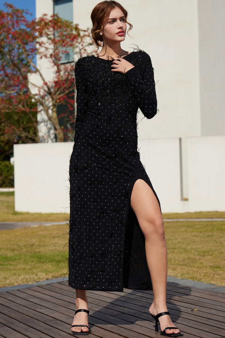 Premium Rhinestone Faux Feather Trim Split Mesh Evening Maxi Dress - Black