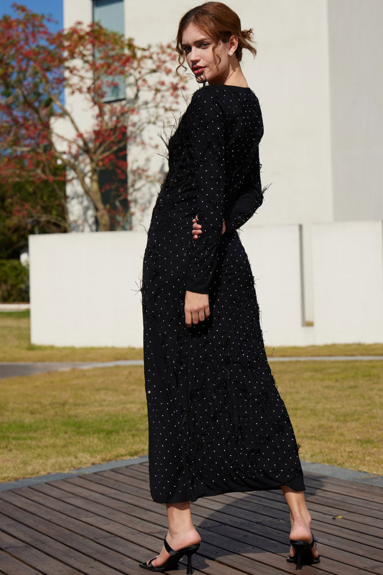 Premium Rhinestone Faux Feather Trim Split Mesh Evening Maxi Dress - Black