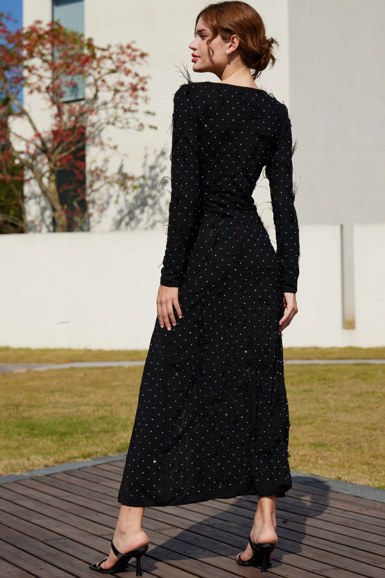 Premium Rhinestone Faux Feather Trim Split Mesh Evening Maxi Dress - Black