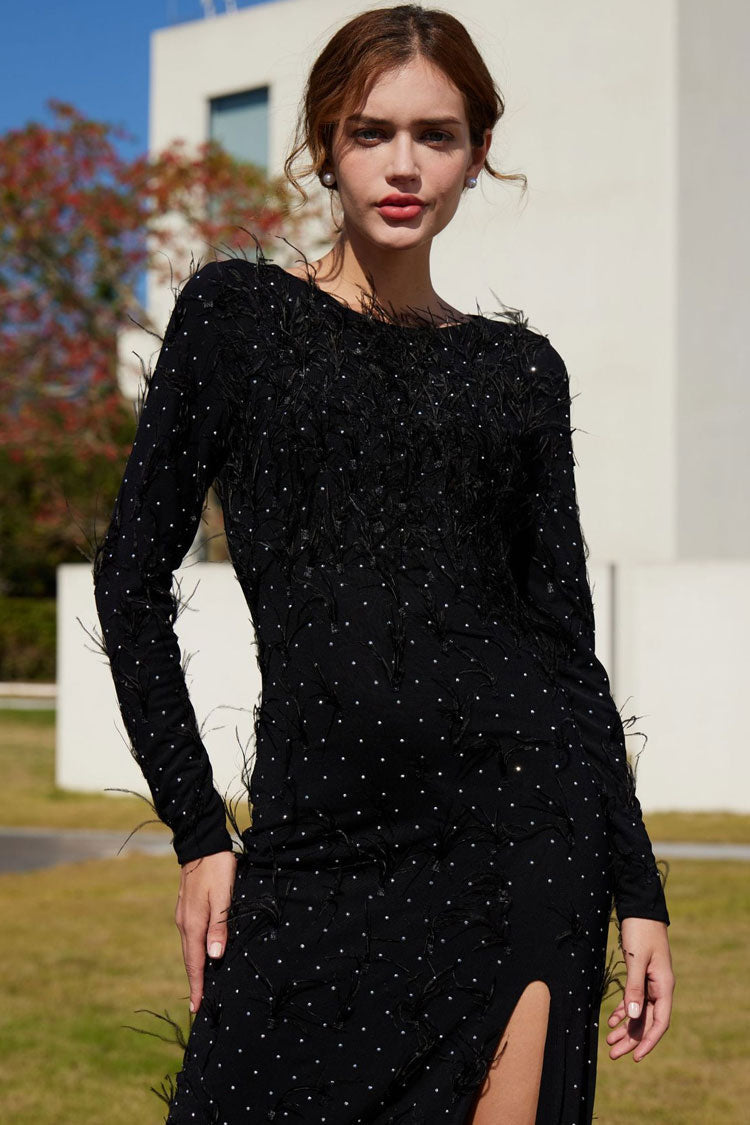 Premium Rhinestone Faux Feather Trim Split Mesh Evening Maxi Dress - Black