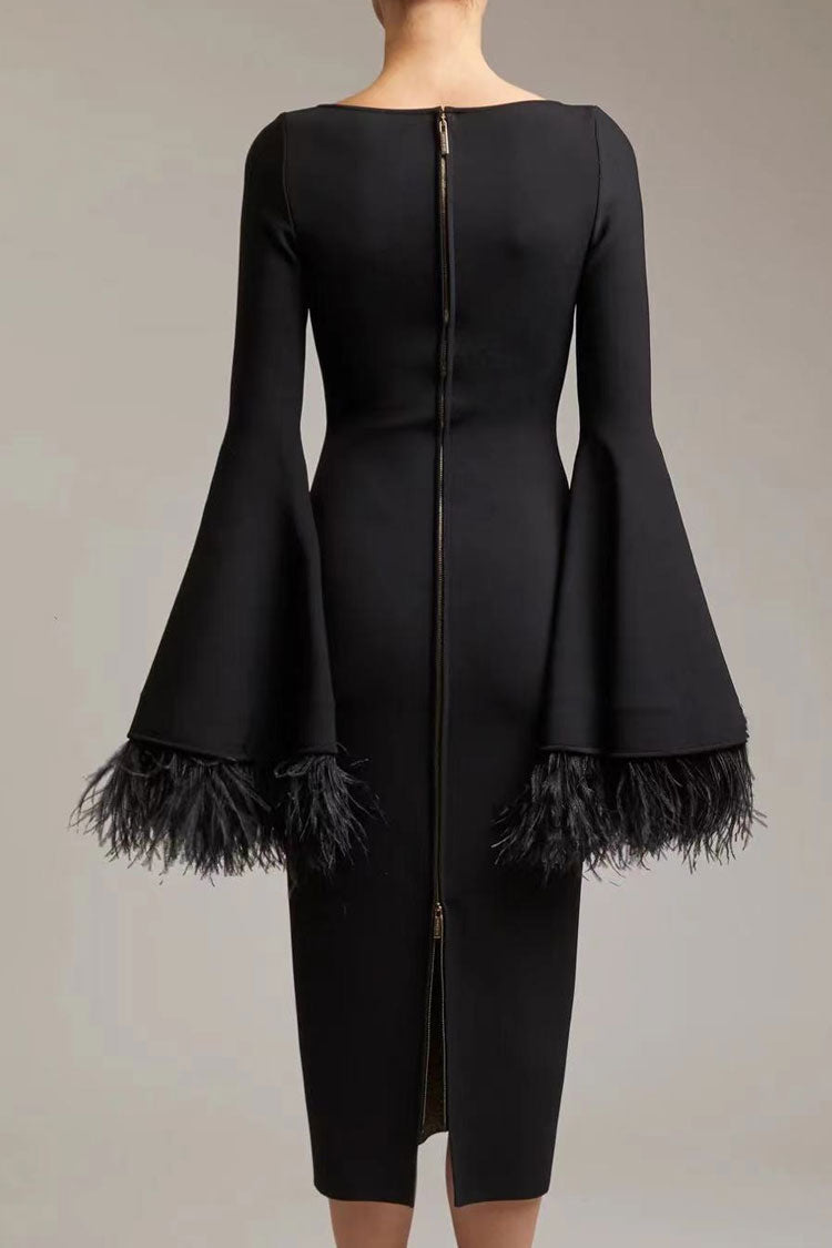Premium Scoop Neck Feather Cuff Long Sleeve Bandage Cocktail Midi Dress - Black