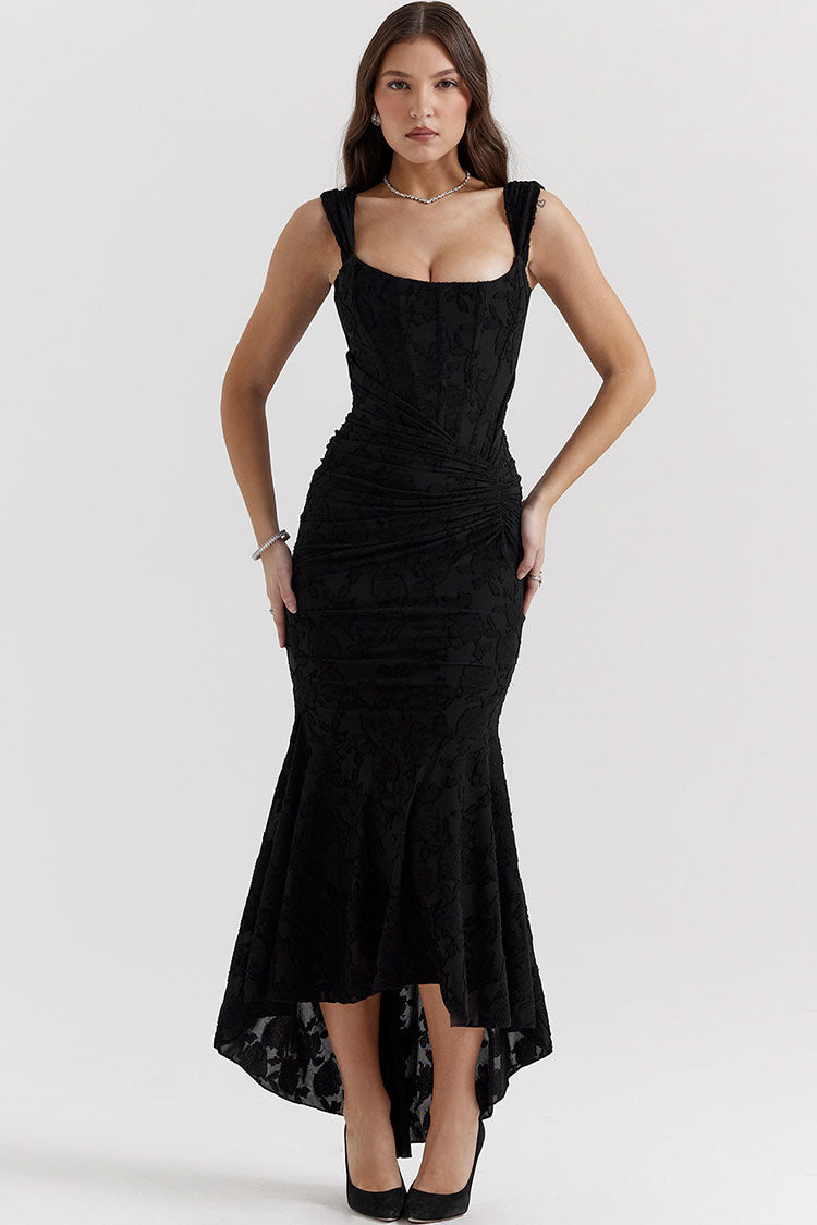 Premium Textured Floral Ruched Corset Sleeveless Fishtail Evening Dress - Black