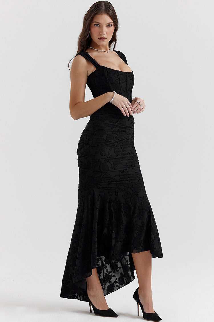 Premium Textured Floral Ruched Corset Sleeveless Fishtail Evening Dress - Black