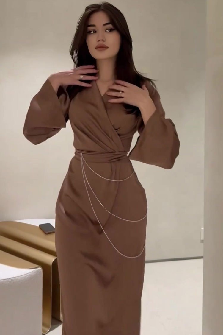 Premium Wrap V Neck Rhinestone Chain Belted Silky Satin Maxi Dress - Brown