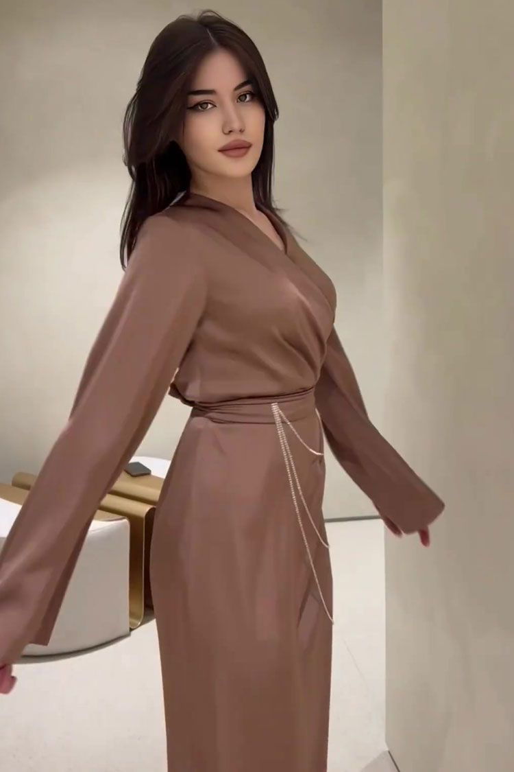 Premium Wrap V Neck Rhinestone Chain Belted Silky Satin Maxi Dress - Brown