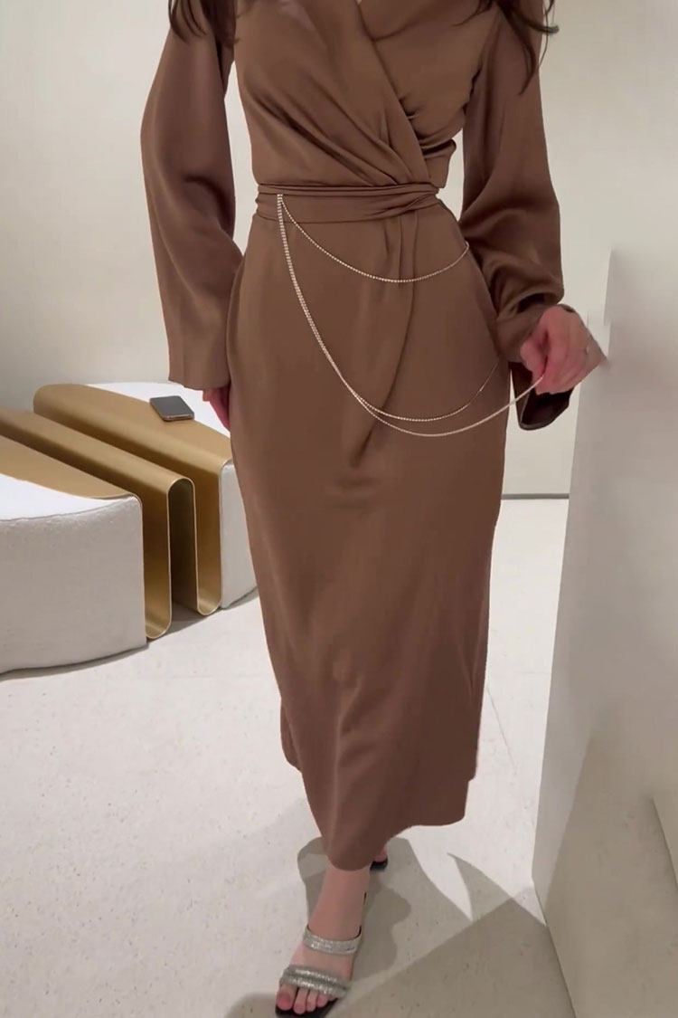Premium Wrap V Neck Rhinestone Chain Belted Silky Satin Maxi Dress - Brown