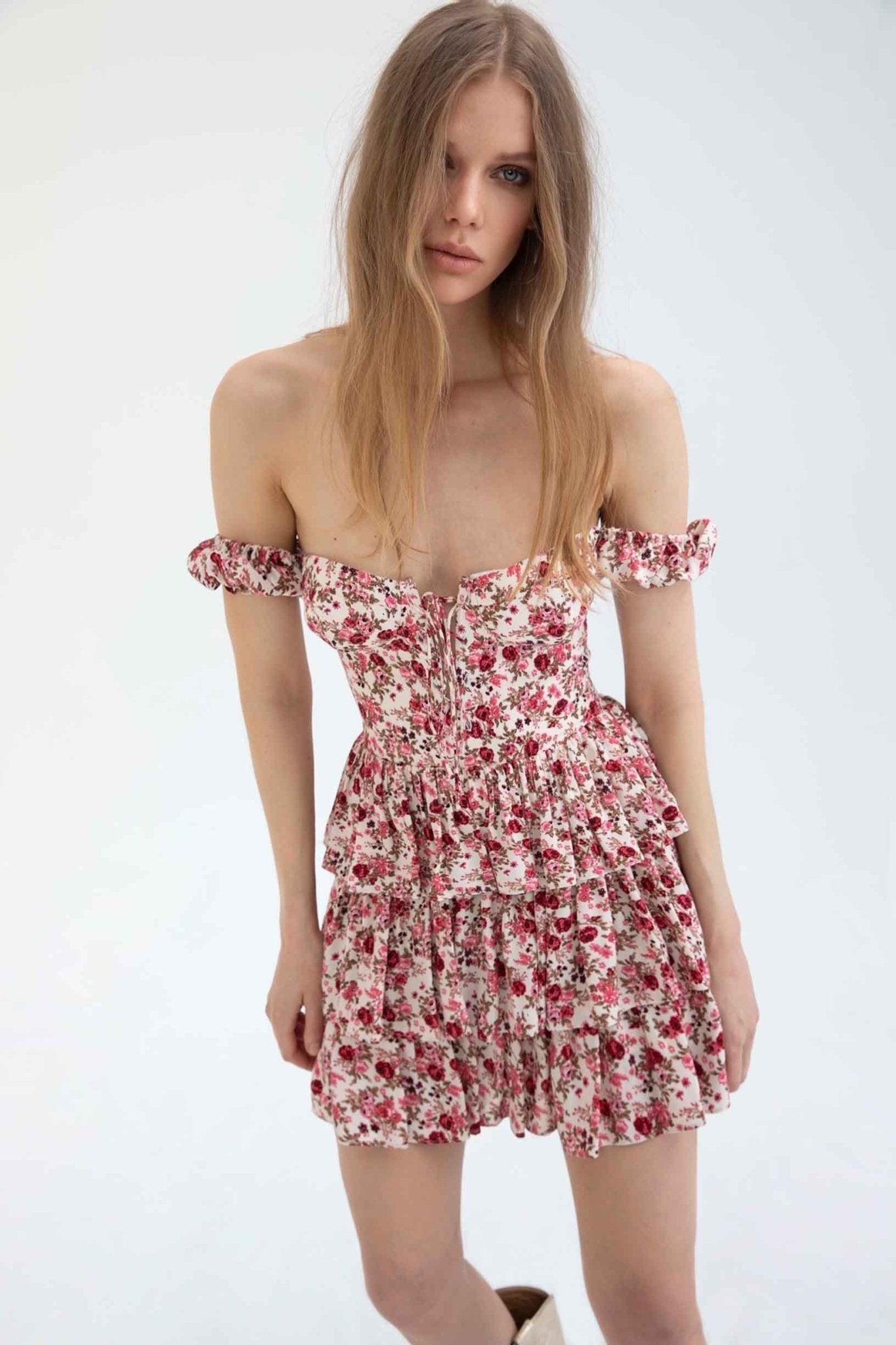 Minimalist Vera Printed Tiered Mini Dress with Corset Premium Wardrobe Essential