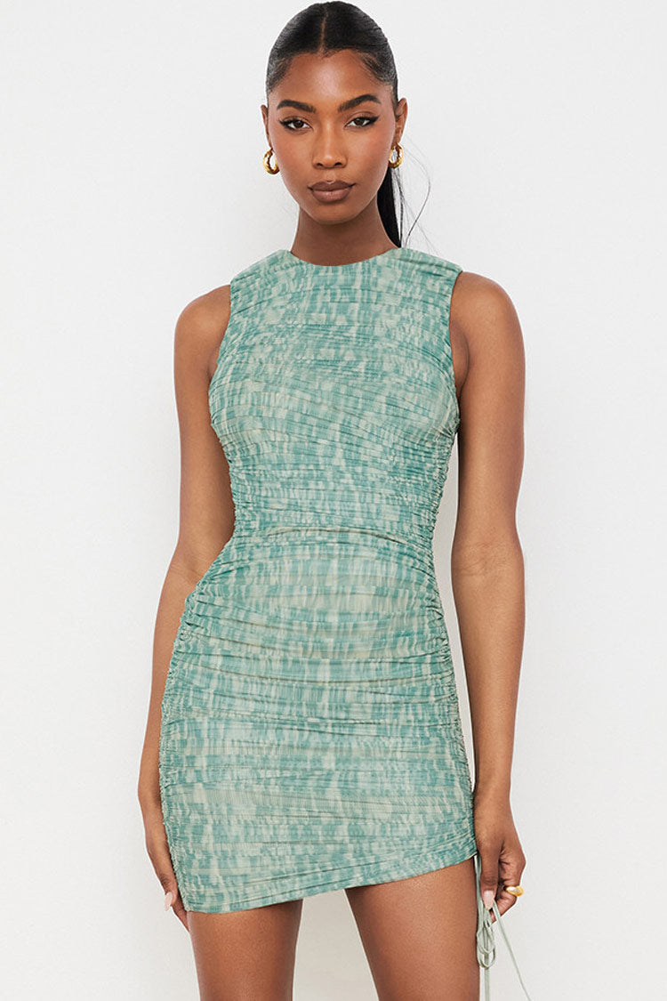 Tie Marble Dye Mesh Ruched Bodycon Mini Dress - Green