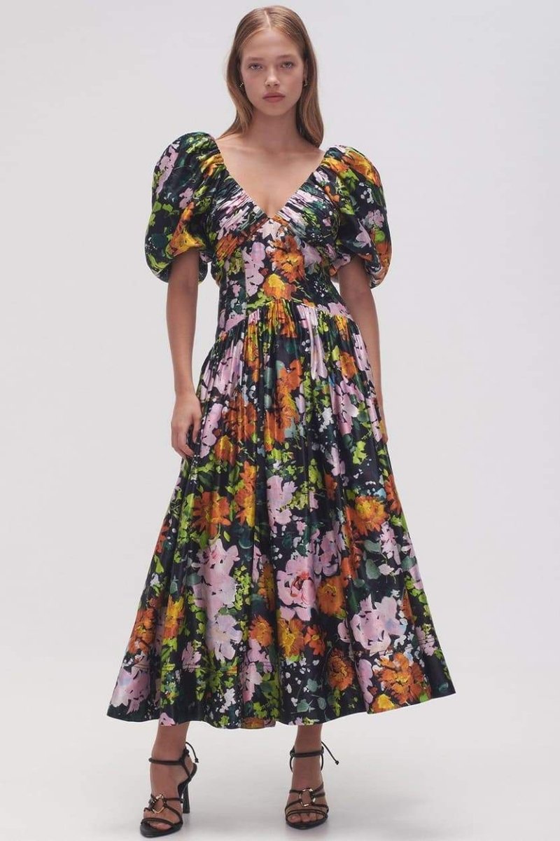 Premium Melisa Printed Midi Dress with V Neck and Puff Sleeves Elevated Occasion Wear