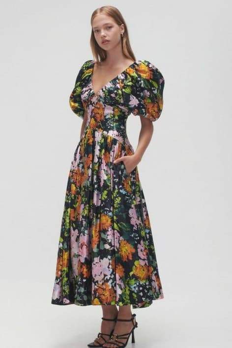 Premium Melisa Printed Midi Dress with V Neck and Puff Sleeves Elevated Occasion Wear
