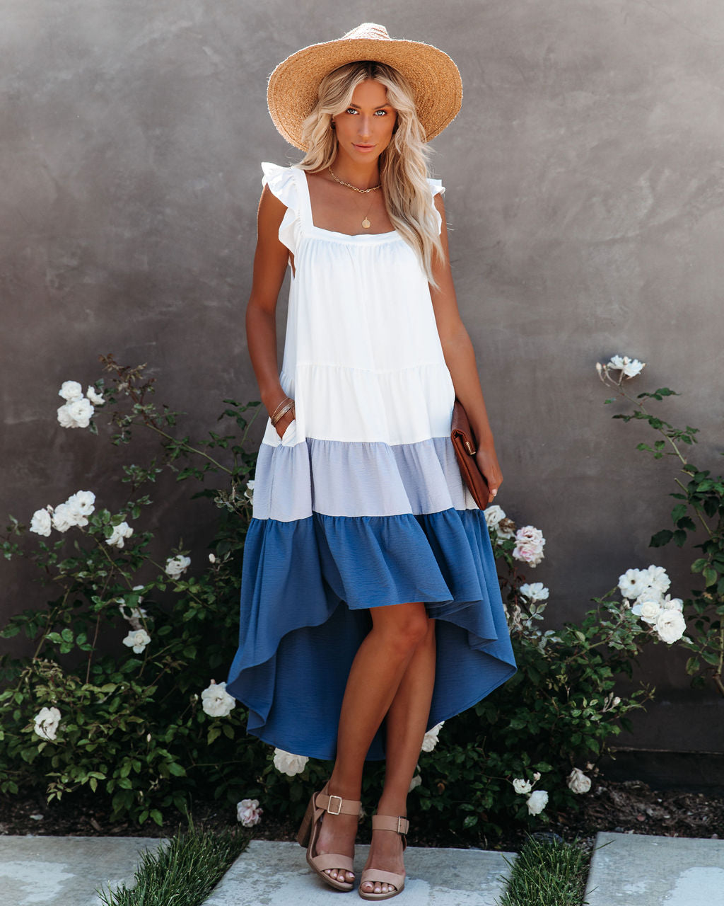 Of Melody Summer Pocketed High Low Tiered Midi Dress