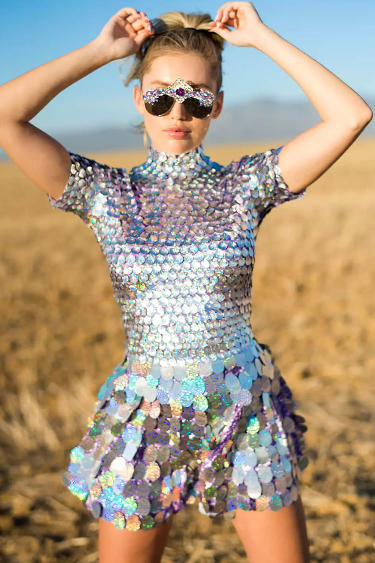 Sequin Mermaid High Neck Sleeved Fit & Flare Printed Party Mini Dress - Purple