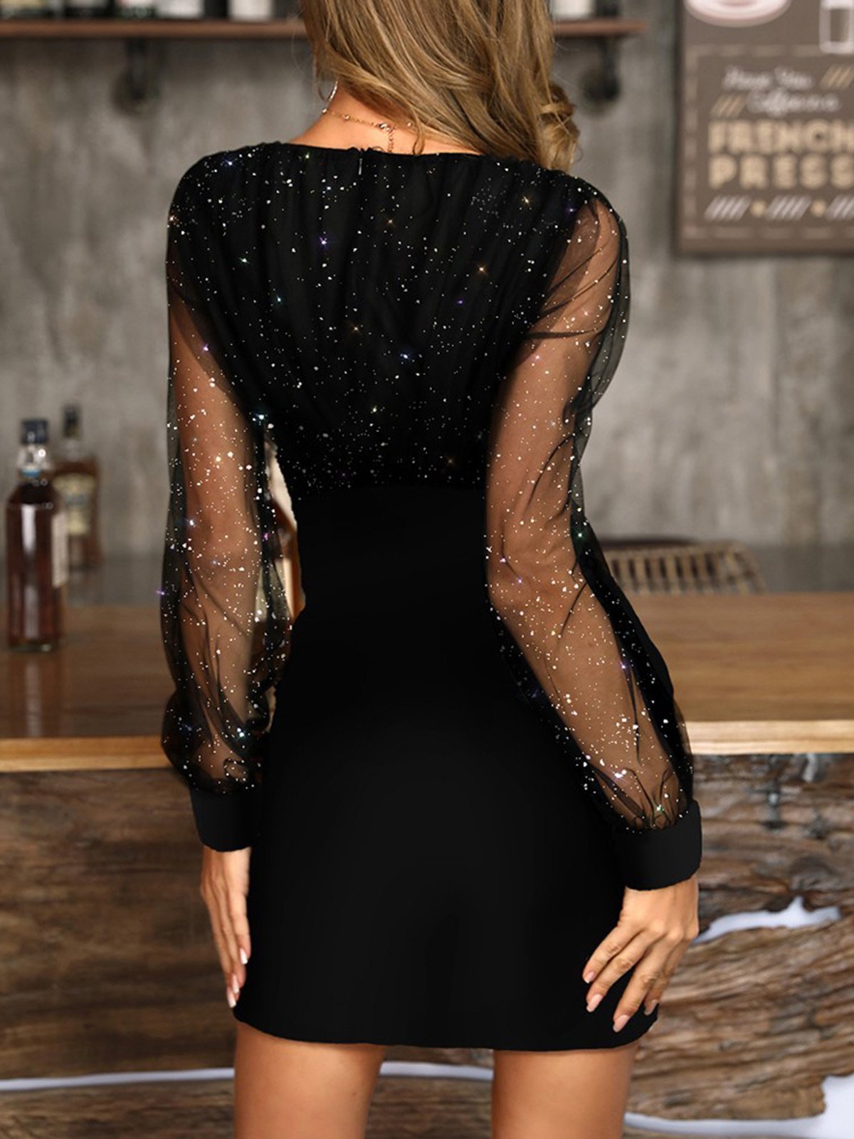 Stitching Mesh Tight fit Irregular V Neck Dress Women