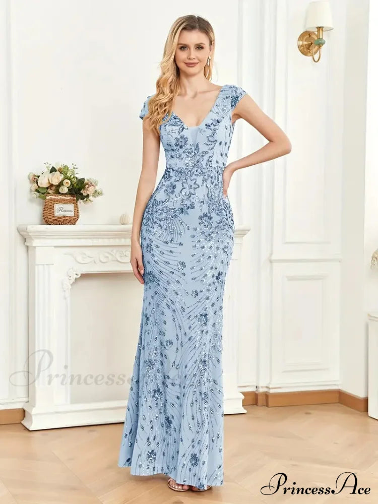 Mesh V Neck Sequin Cap Sleeved Ankle Prom Dress