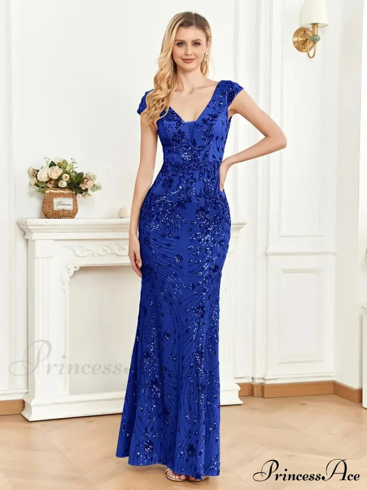 Mesh V Neck Sequin Cap Sleeved Ankle Prom Dress