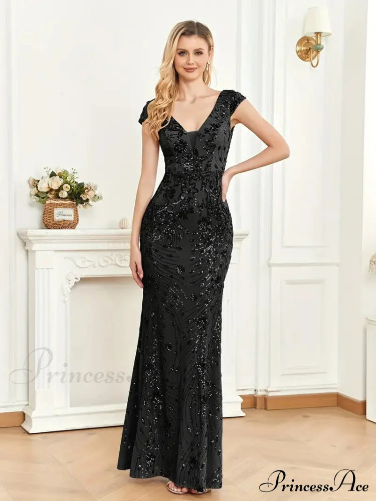 Mesh V Neck Sequin Cap Sleeved Ankle Prom Dress