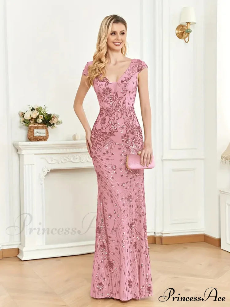Mesh V Neck Sequin Cap Sleeved Ankle Prom Dress