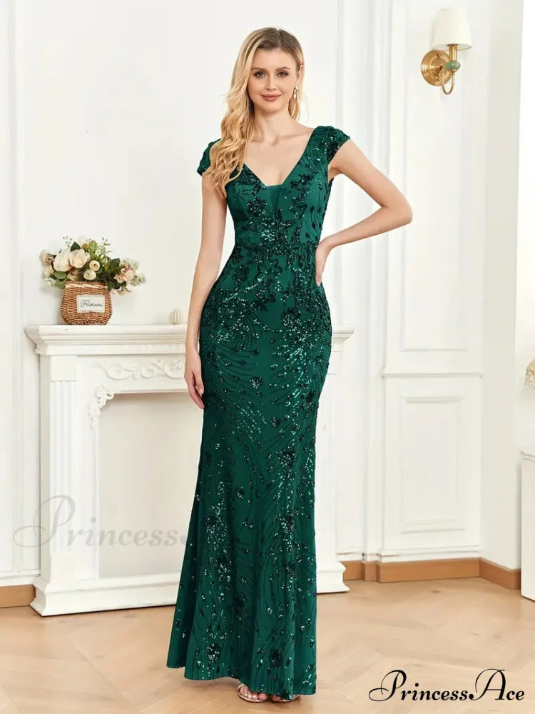 Mesh V Neck Sequin Cap Sleeved Ankle Prom Dress
