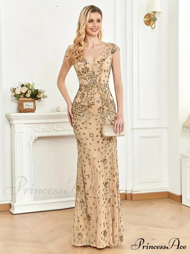 Mesh V Neck Sequin Cap Sleeved Ankle Prom Dress