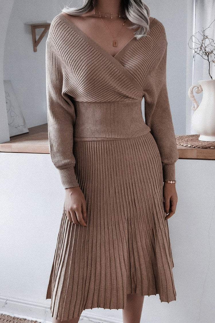 Lurex Metallic Rib Knit Off Shoulder Sweater Two Piece Midi Dress - Coffee