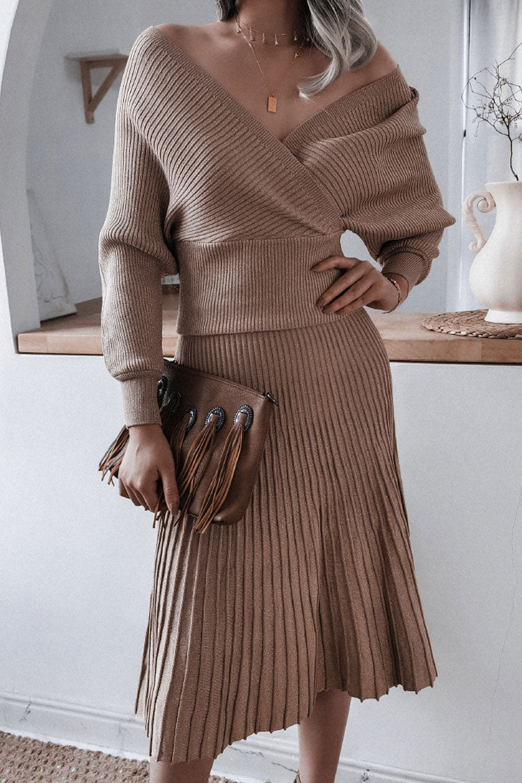 Lurex Metallic Rib Knit Off Shoulder Sweater Two Piece Midi Dress - Coffee