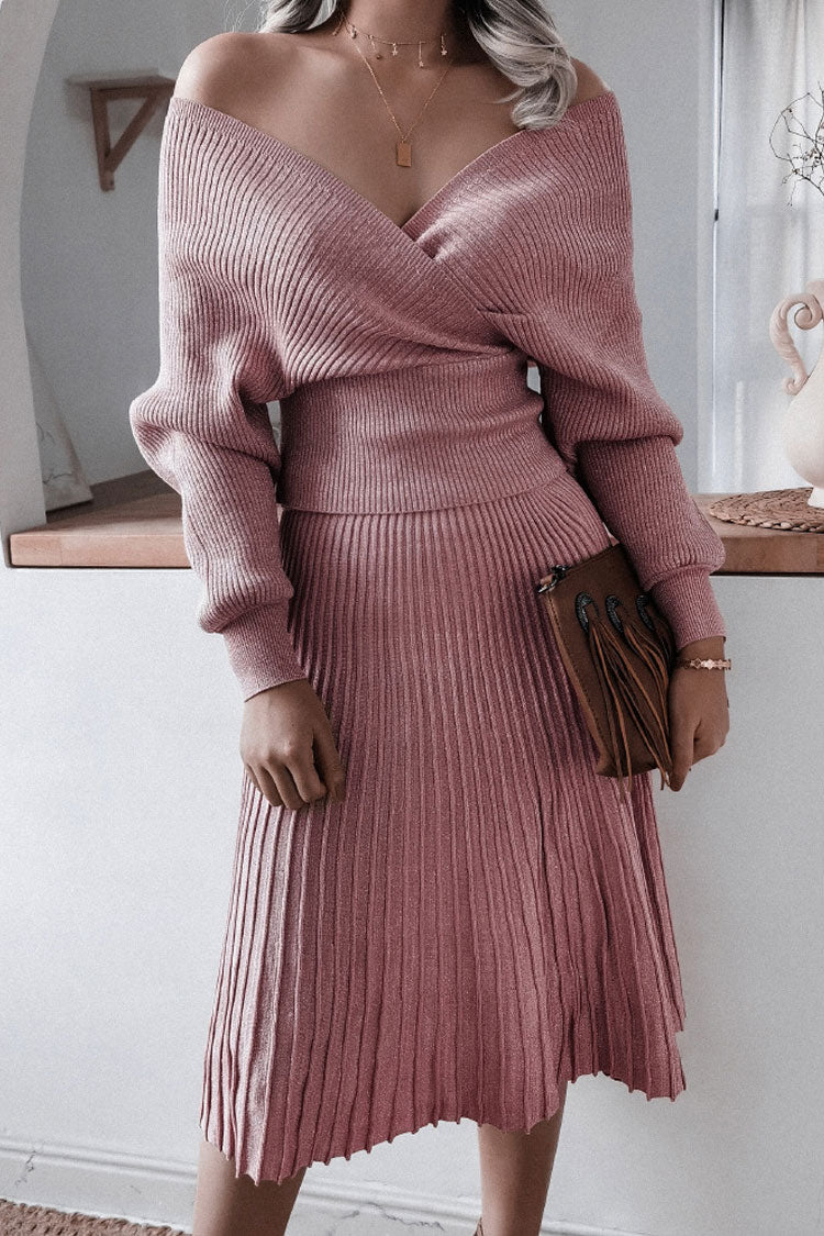 Lurex Metallic Rib Knit Off Shoulder Sweater Two Piece Midi Dress - Dusty Pink