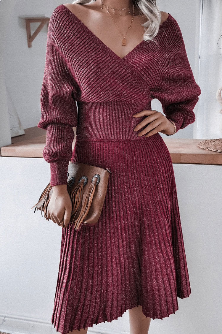Lurex Metallic Rib Knit Off Shoulder Sweater Two Piece Midi Dress - Burgundy