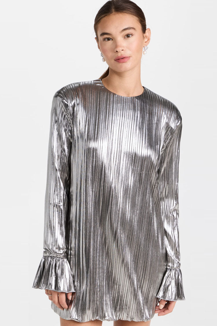 Shoulder Metallic Pad Long Sleeve Shift Pleated Mini Dress - Silver