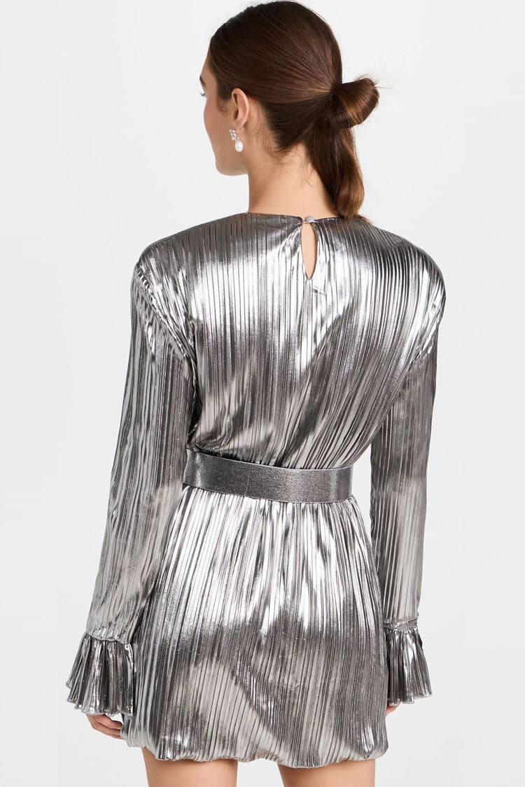 Shoulder Metallic Pad Long Sleeve Shift Pleated Mini Dress - Silver