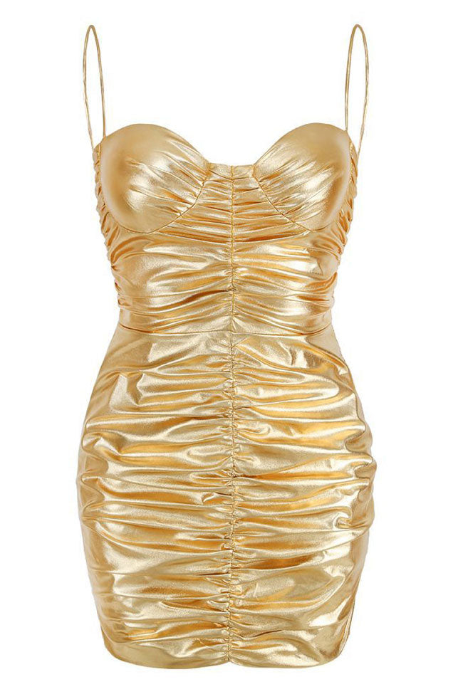 Sweetheart Metallic Ruched Bodycon Sleeveless Party Mini Dress - Gold