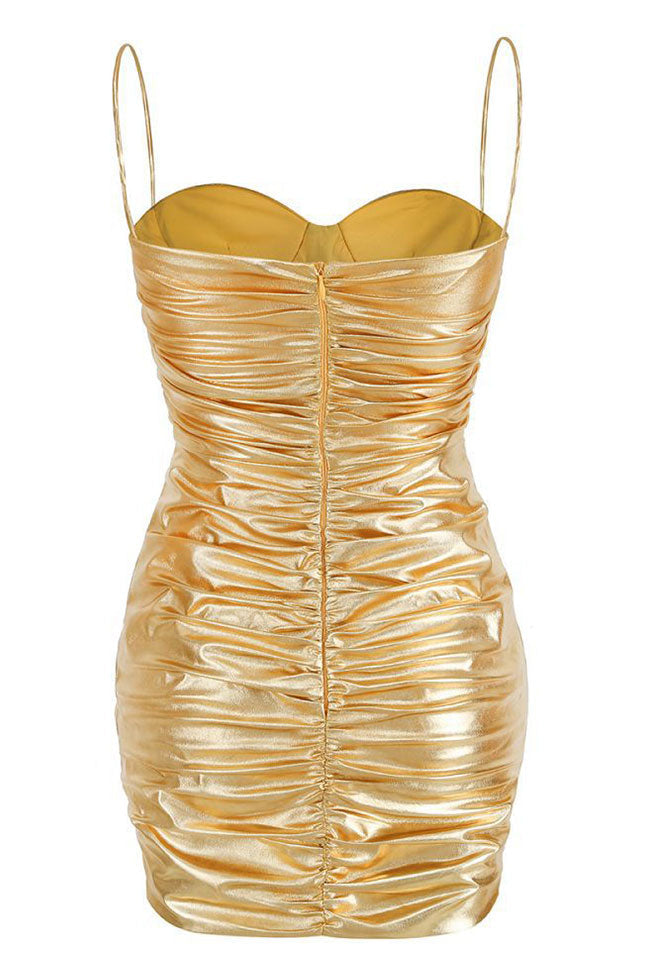 Sweetheart Metallic Ruched Bodycon Sleeveless Party Mini Dress - Gold