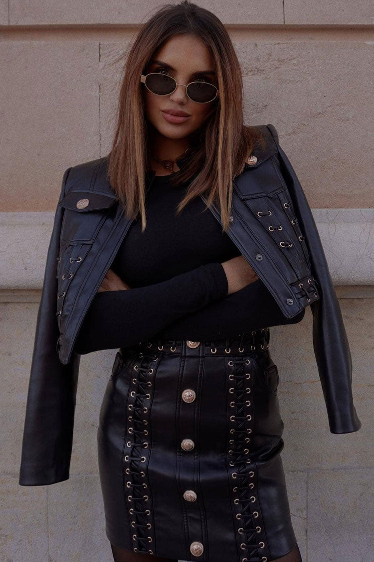 Eyelash Military Detailed Crop Vegan Leather Jacket Two Piece Mini Dress - Black