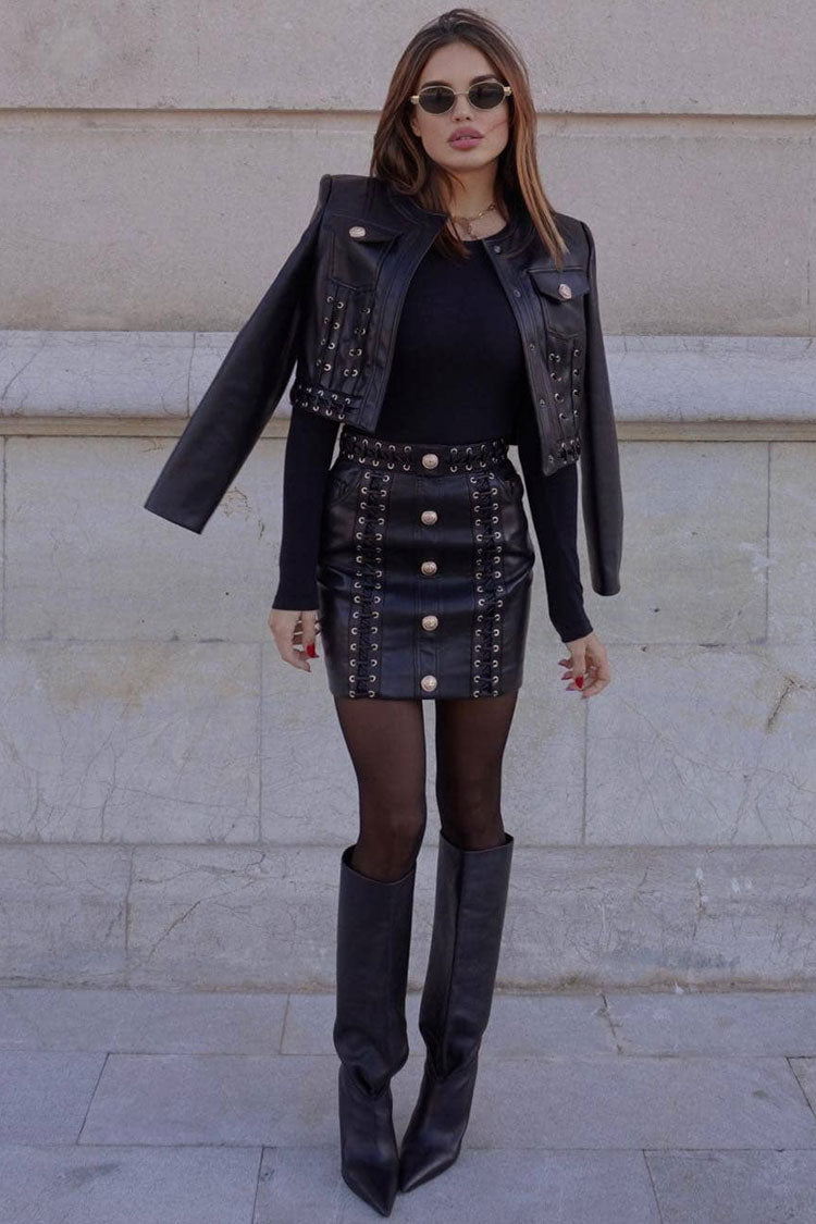 Eyelash Military Detailed Crop Vegan Leather Jacket Two Piece Mini Dress - Black