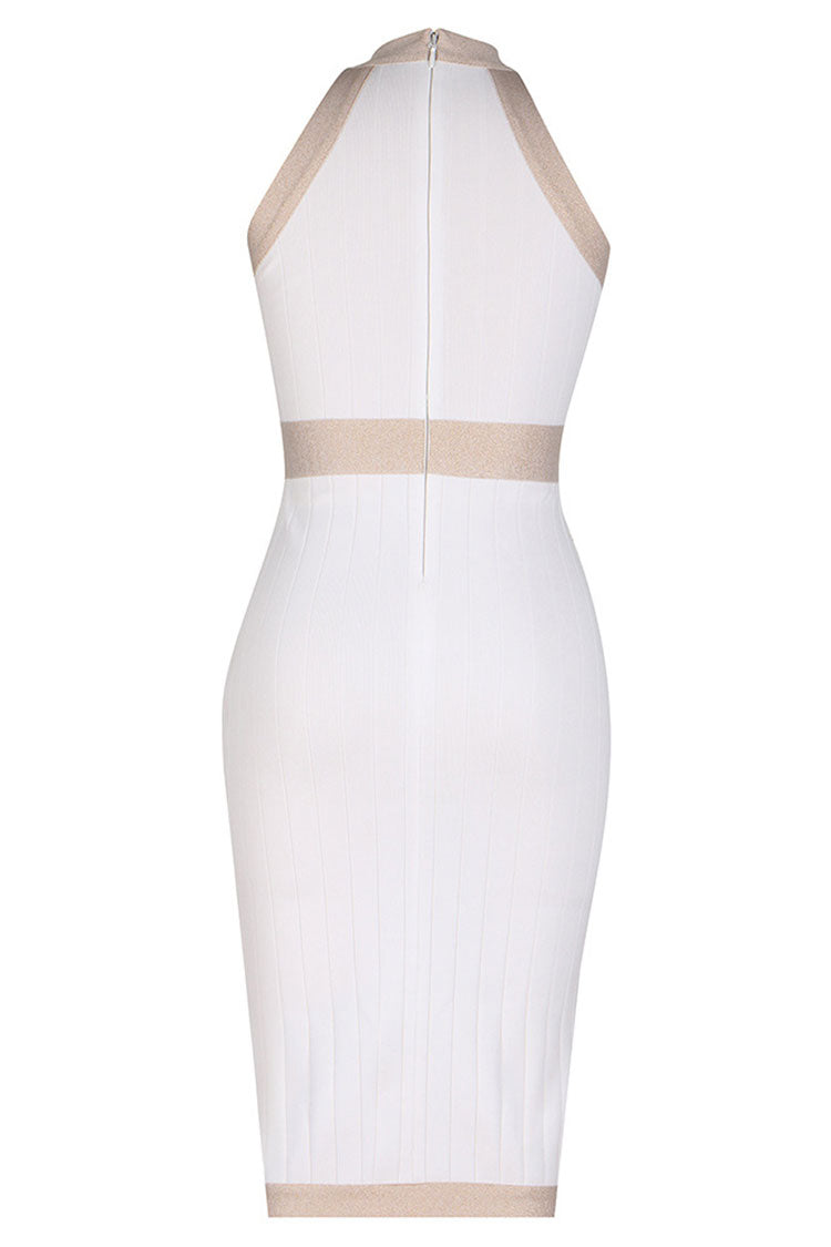 Metal Military Button Contrast Sleeveless Bodycon Sweater Midi Dress - White