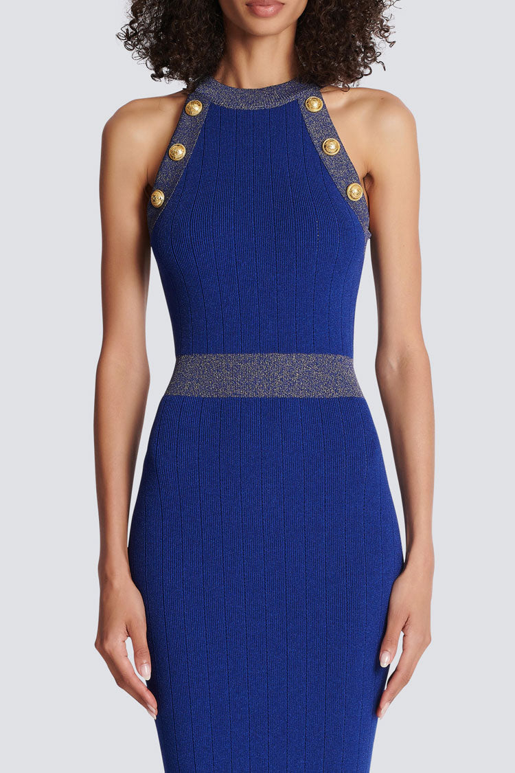 Metal Military Button Trim Sleeveless Sweater Midi Dress - Royal Blue