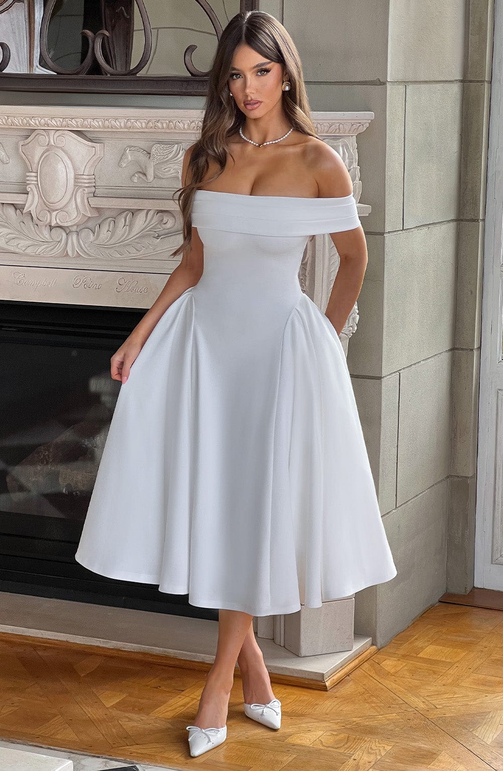 Off Mila Shoulder Pleated Midi Dress