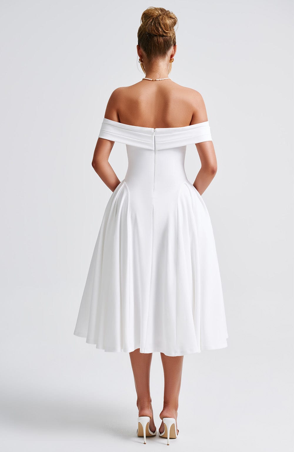 Off Mila Shoulder Pleated Midi Dress