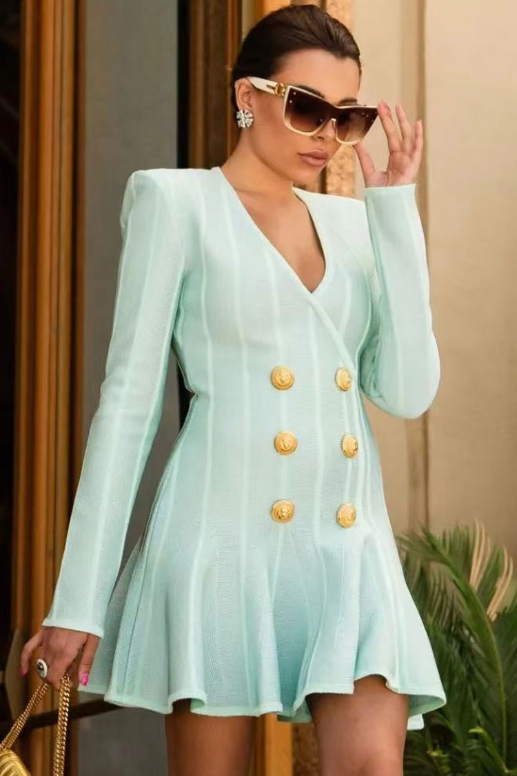 Stylish Shoulder Pad Long Sleeve Ruffle Bandage Mini Dress - Lake Green