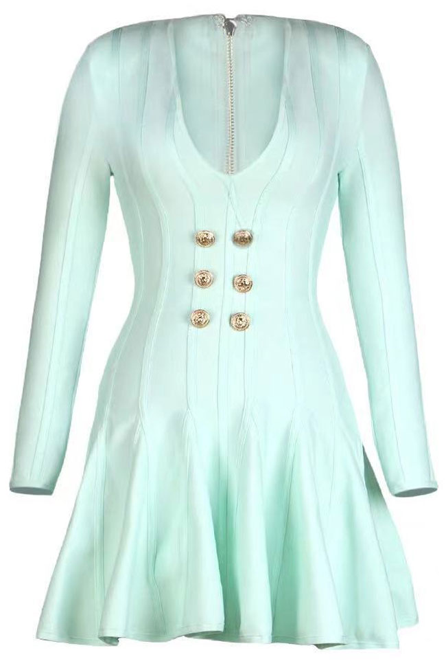 Stylish Shoulder Pad Long Sleeve Ruffle Bandage Mini Dress - Lake Green
