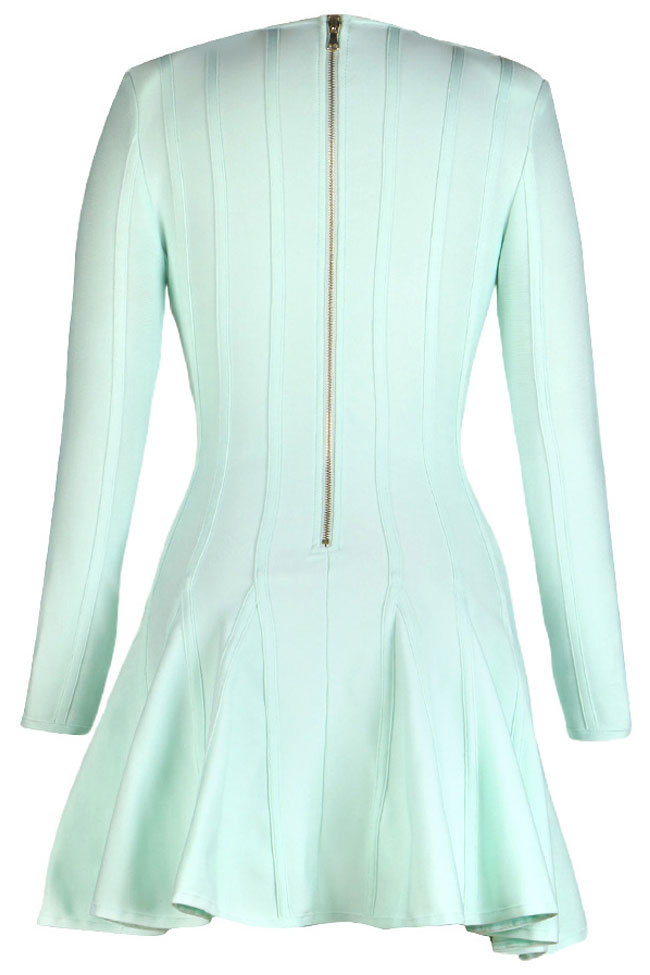 Stylish Shoulder Pad Long Sleeve Ruffle Bandage Mini Dress - Lake Green