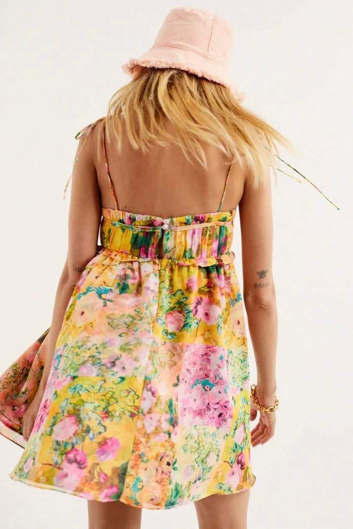Leonor Minimalist Chiffon Mini Dress with Botanical Print Evening Wear Edit