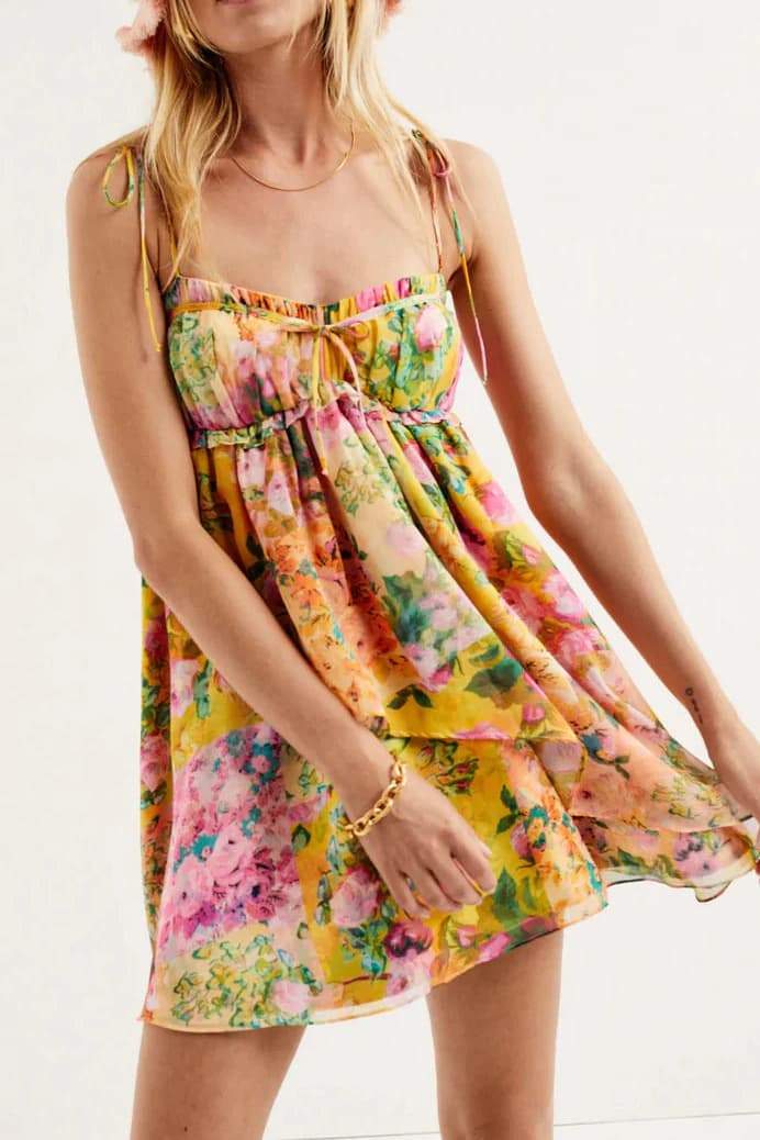 Leonor Minimalist Chiffon Mini Dress with Botanical Print Evening Wear Edit