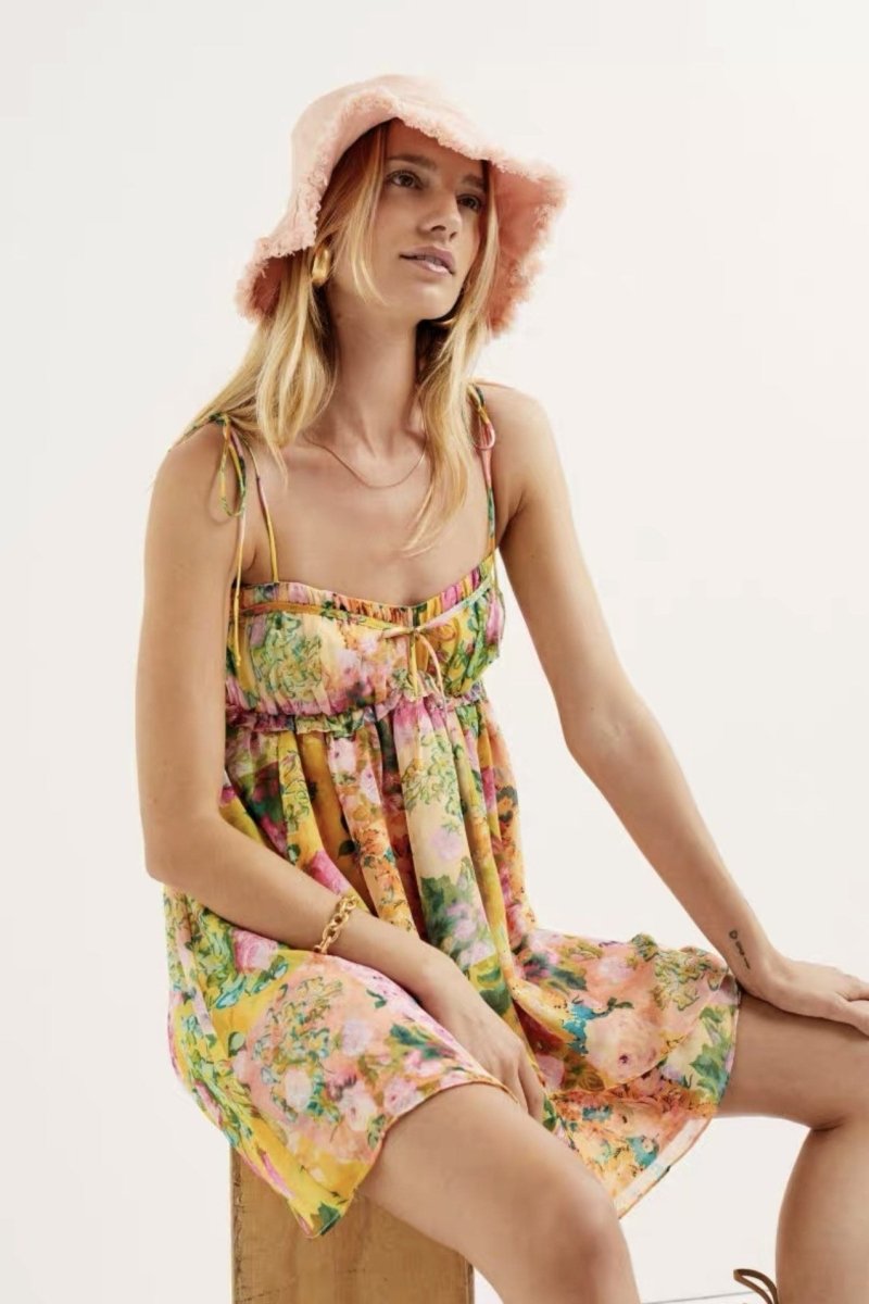 Leonor Minimalist Chiffon Mini Dress with Botanical Print Evening Wear Edit