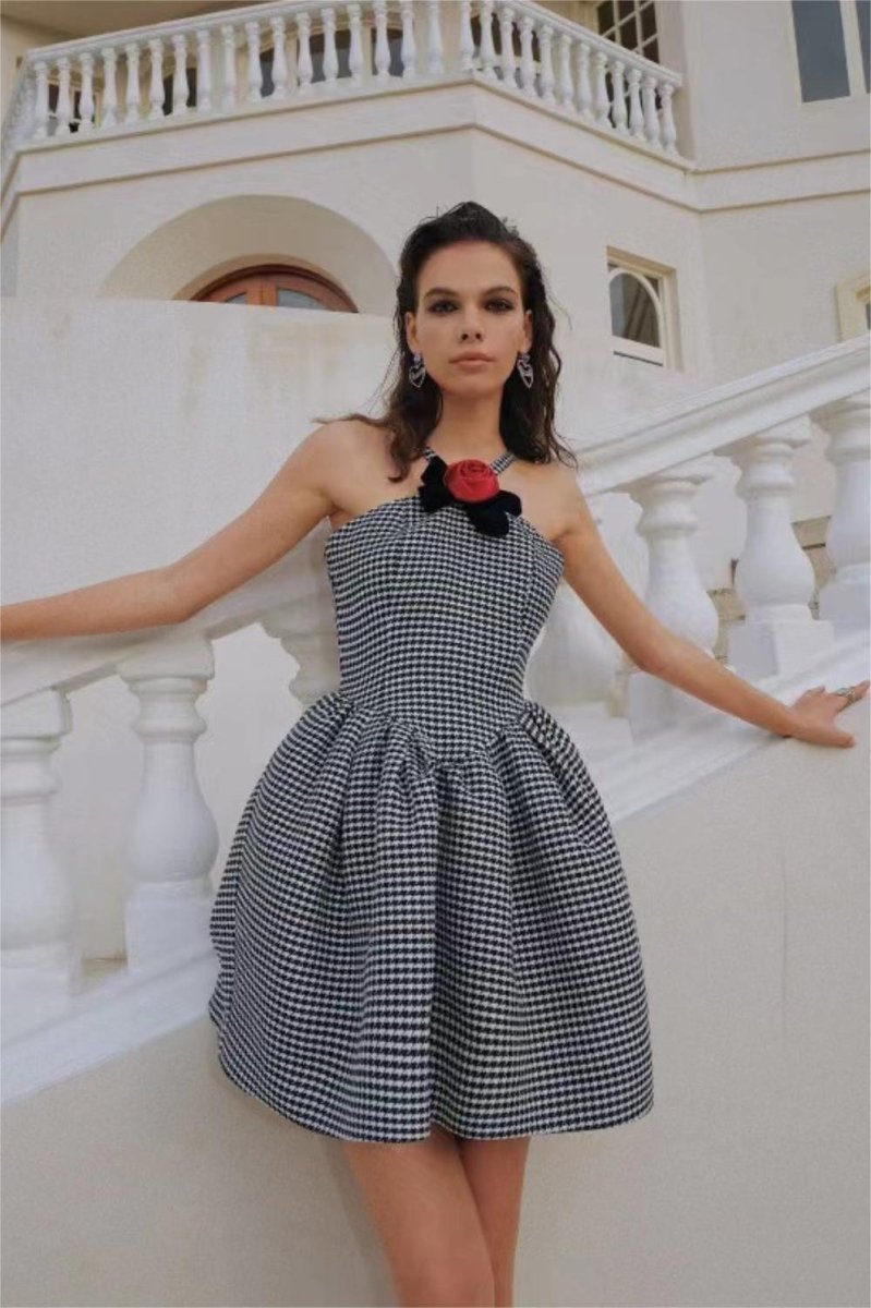 Elevated Harriet a Line Mini Dress with Houndstooth Rose Bow Trim Chic Silhouette Collection