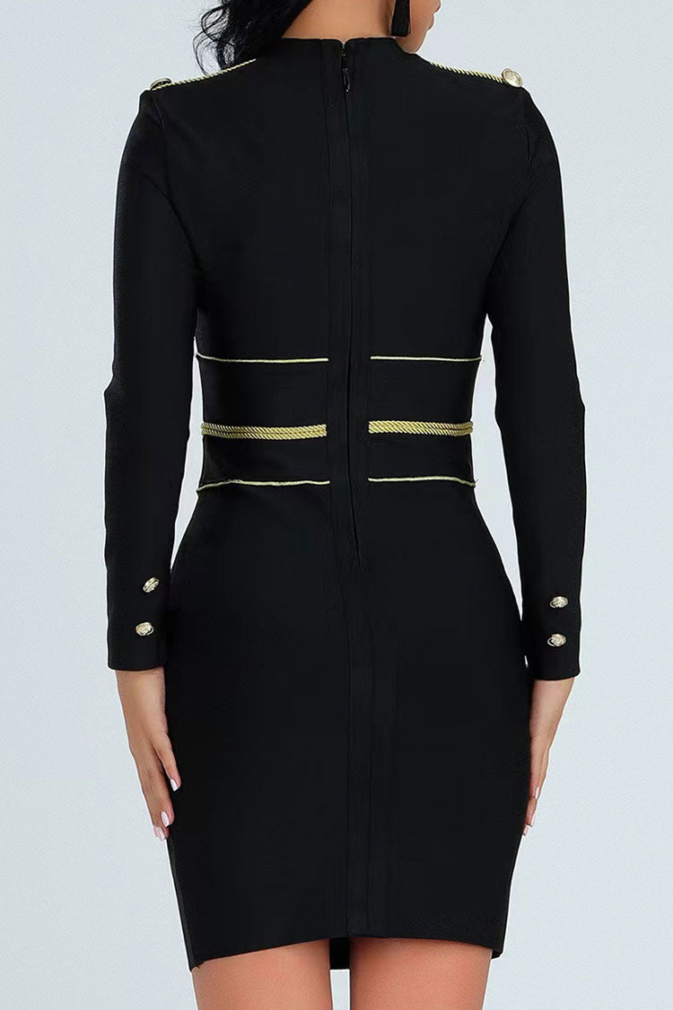 Mock Noble Neck Rope Trim Long Sleeve Bandage Bodycon Party Mini Dress - Black