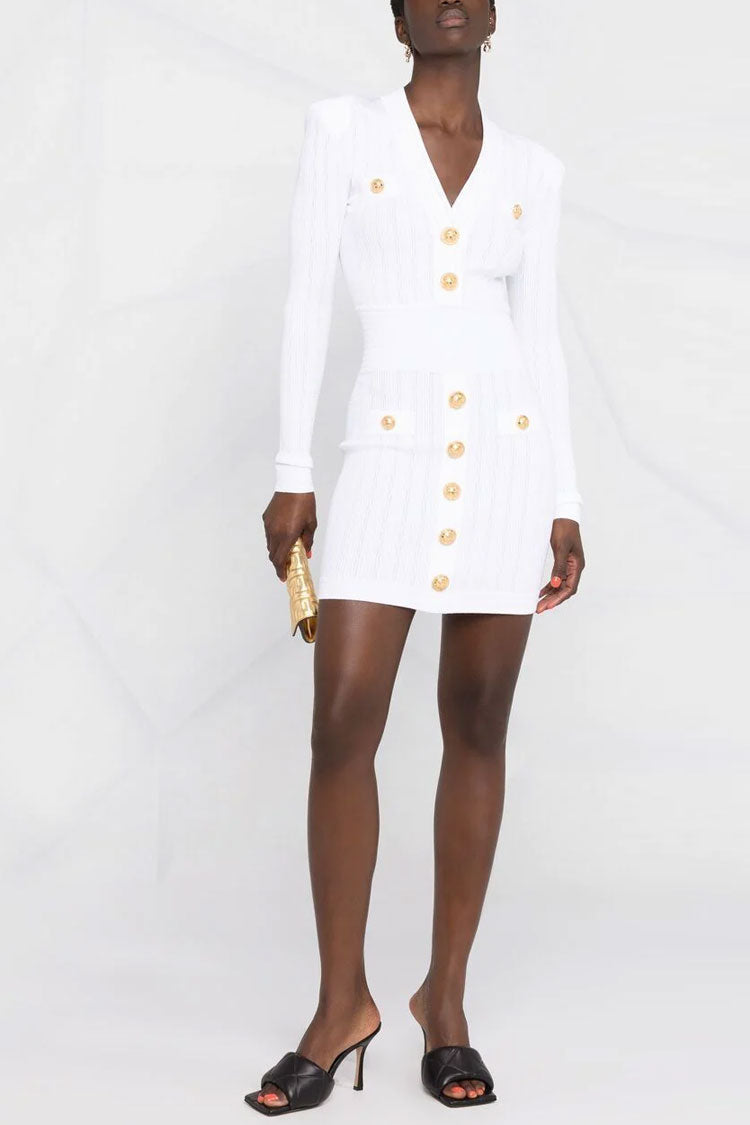 Button OL Trim Long Sleeve Winter Ribbed Sweater Mini Dress - White