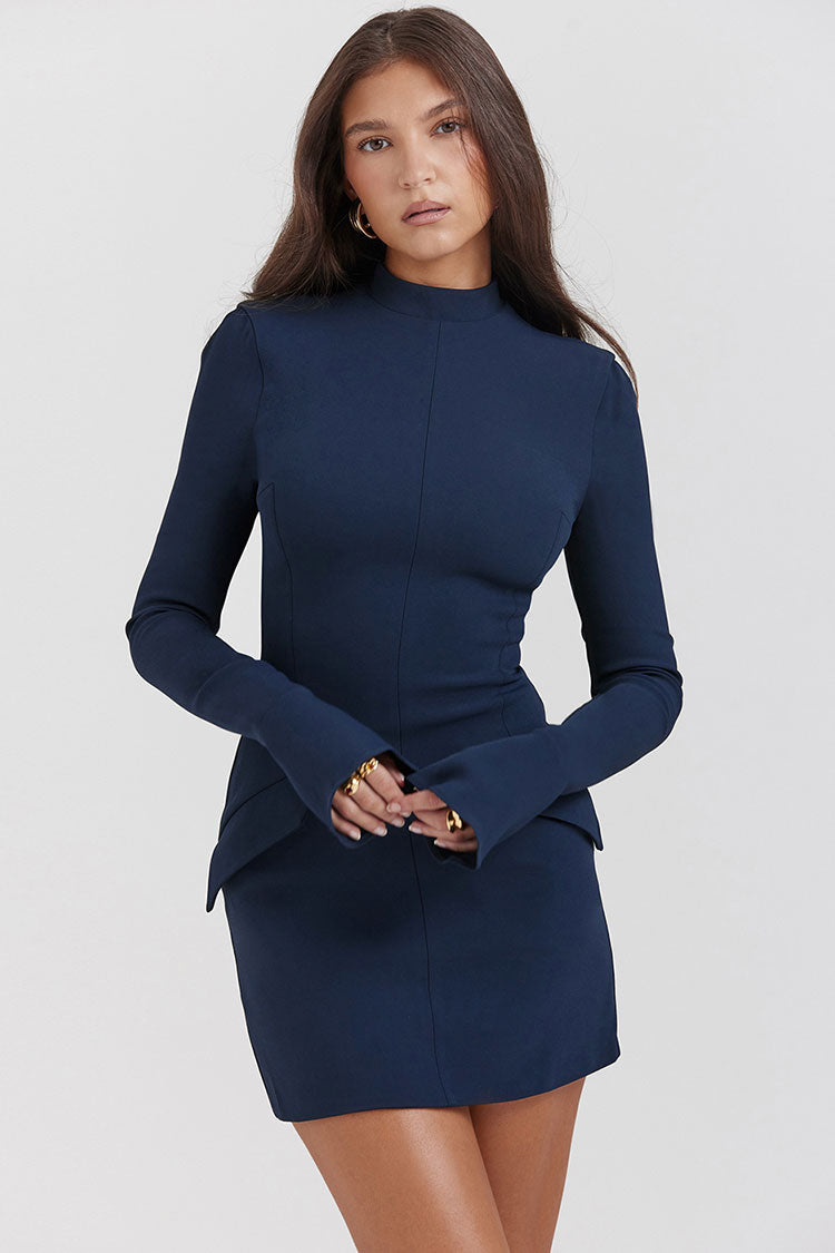 Mock OL Neck Bell Sleeve Flap Pocket Bodycon Party Mini Dress - Navy Blue